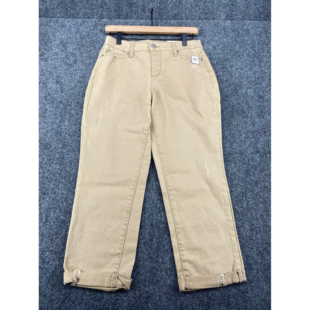 Time and Tru Relaxed Fit Capri Pants Womens 4 Brown Khaki Mid-Rise Distressed